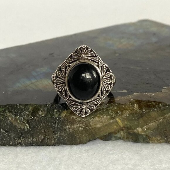 Sterling Silver 925 Thailand Scrollwork Filigree Oval Black Onyx Ring Sz 6.75 - Picture 2 of 16